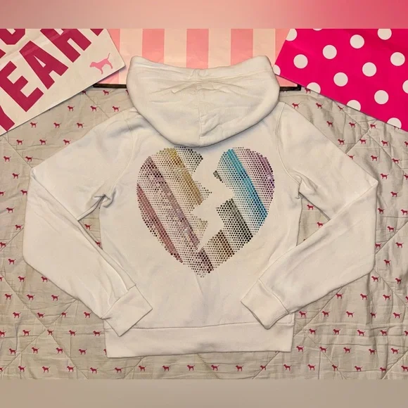 VS PINK VINTAGE Y2K FULL ZIP HOODIE WHITE RAINBOW BLING LOVE BROKEN HEART RARE M - Picture 1 of 11